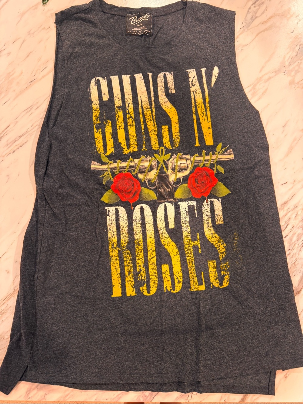 Bravado Charcoal Gray Graphic Guns N' Roses Muscle Tee with Yellow & Red Print